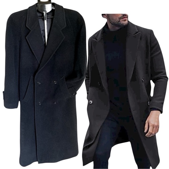 WOOL & CASHMERE Longline Black Double-breasted Top Coat Lined Black Size 36R EUC - Picture 12 of 16